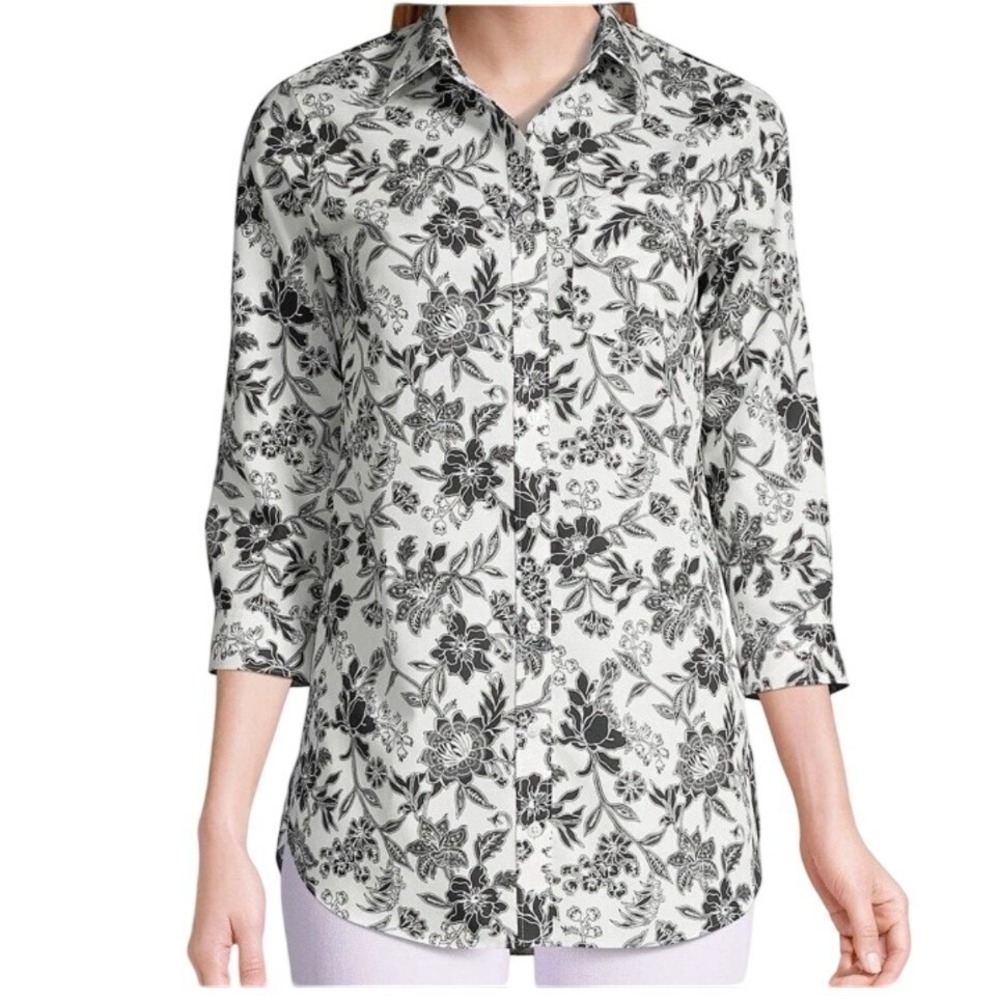 LANDS' END Women Floral Button‎ Up Tunic Shirt Sz 4 Black White No Iron Supima